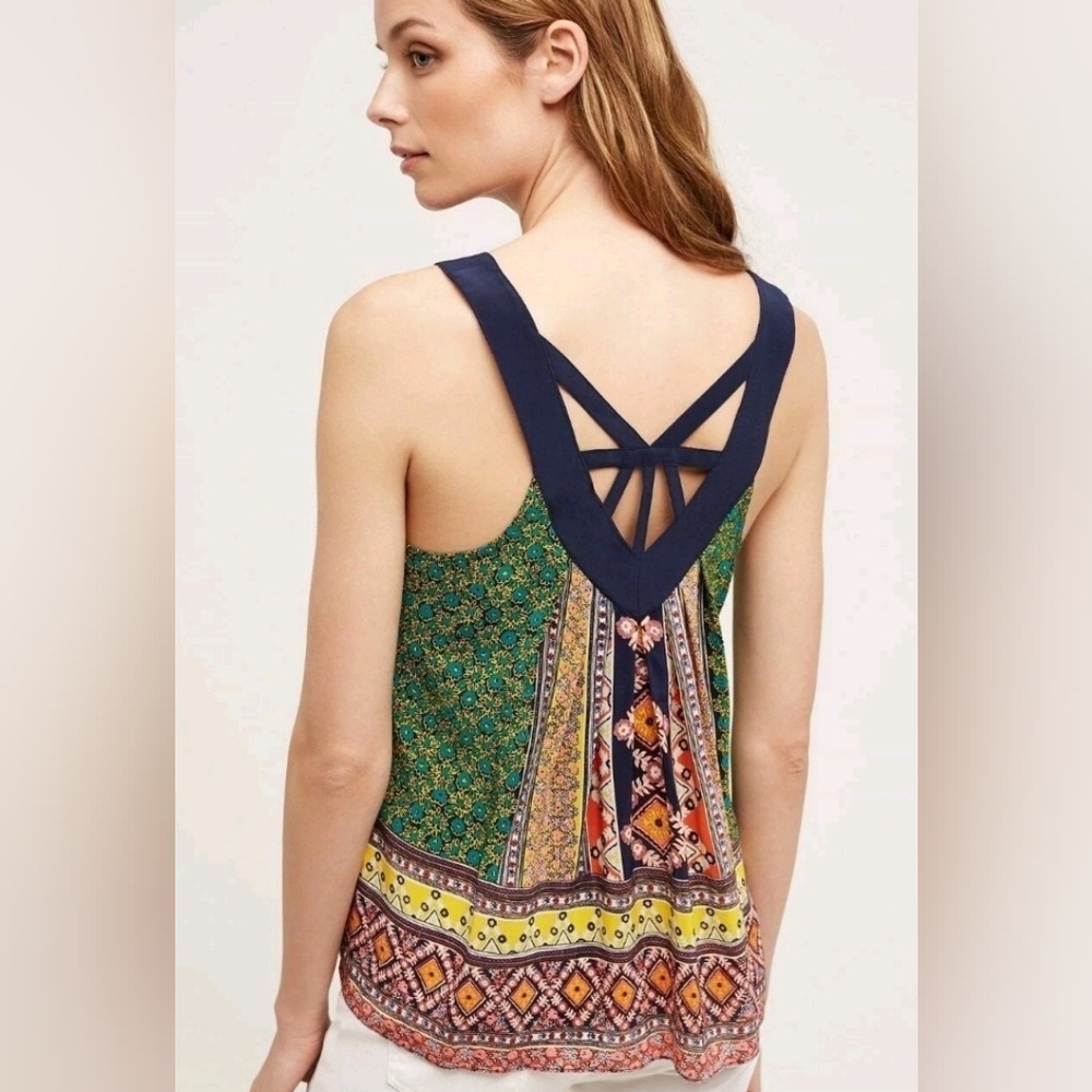 Anthropologie Maeve Sapelo 100% Silk, Scarf Print Boho Tank Sheer